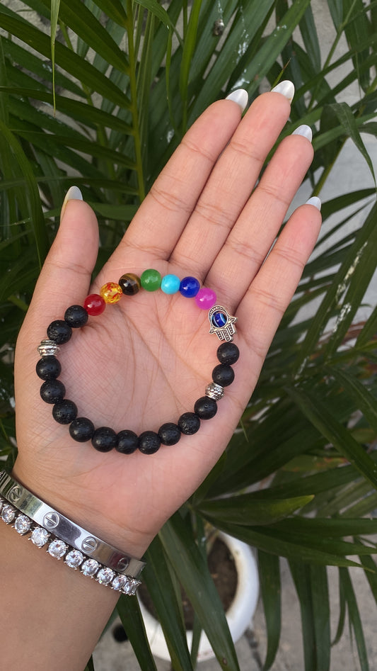 Lava 7 chakra natural stone hamsa bracelet
