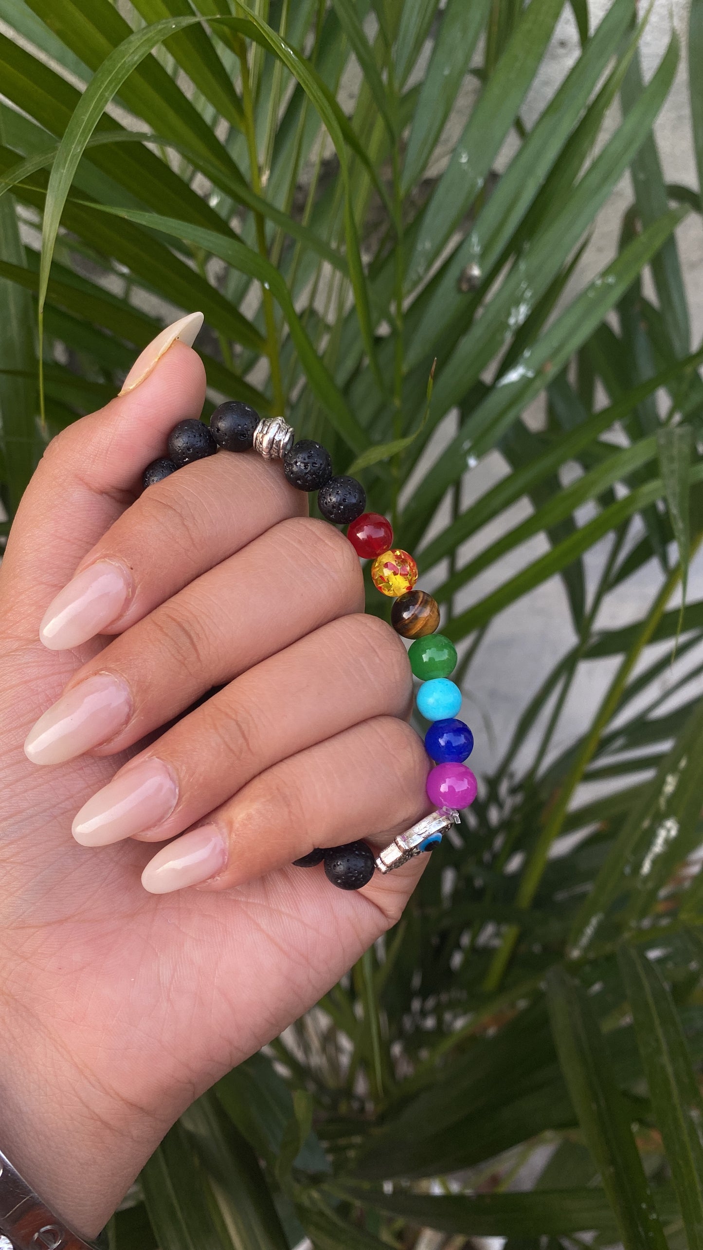 Lava 7 chakra natural stone hamsa bracelet