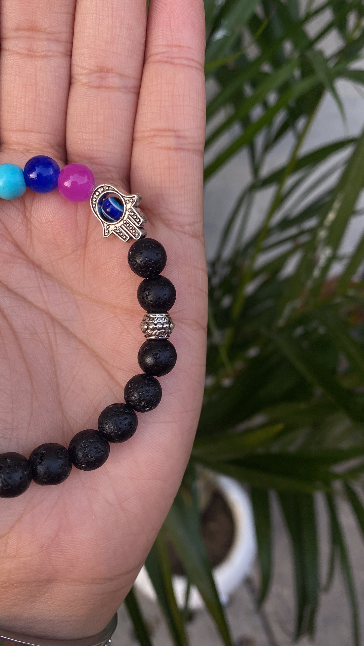 Lava 7 chakra natural stone hamsa bracelet