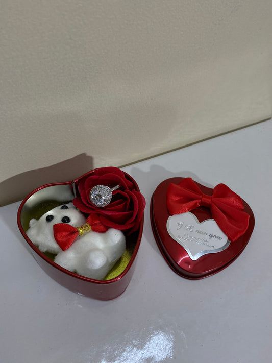 Mini Heart Shape Red Tin Gift Box And Teddy &  Fragrant Artificial Rose Bud Petal
