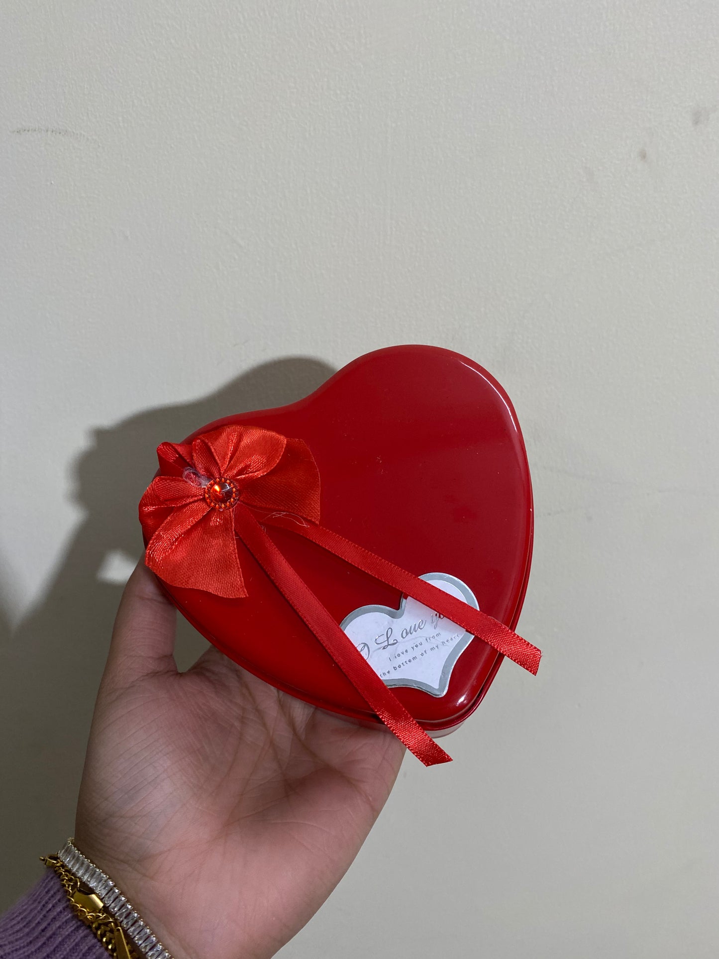 Heart Shape Red Tin Gift Box And Teddy & 3 Fragrant Artificial Rose Bud Petal