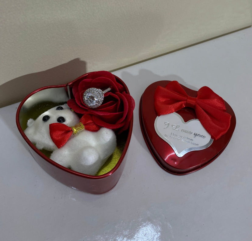 Heart Shape Red Tin Gift Box And Teddy & 3 Fragrant Artificial Rose Bud Petal