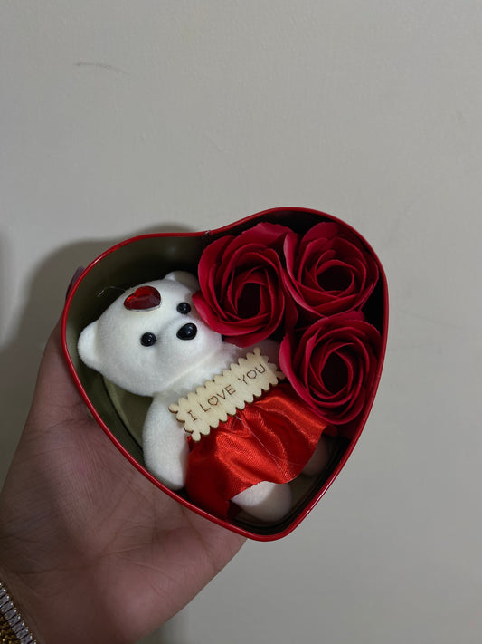 Heart Shape Red Tin Gift Box And Teddy & 3 Fragrant Artificial Rose Bud Petal