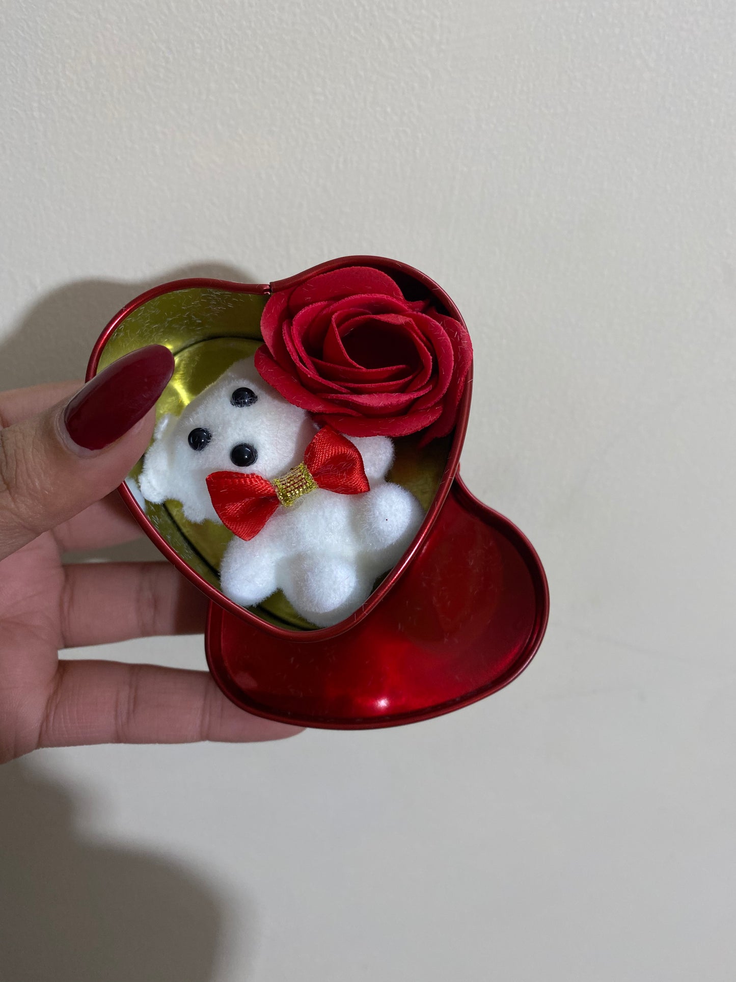 Mini Heart Shape Red Tin Gift Box And Teddy &  Fragrant Artificial Rose Bud Petal