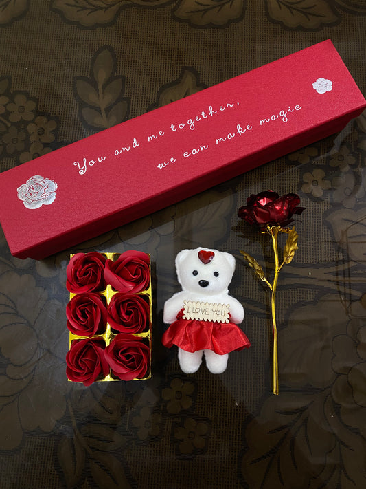 Rose + teddy + 6 small roses with cute note box